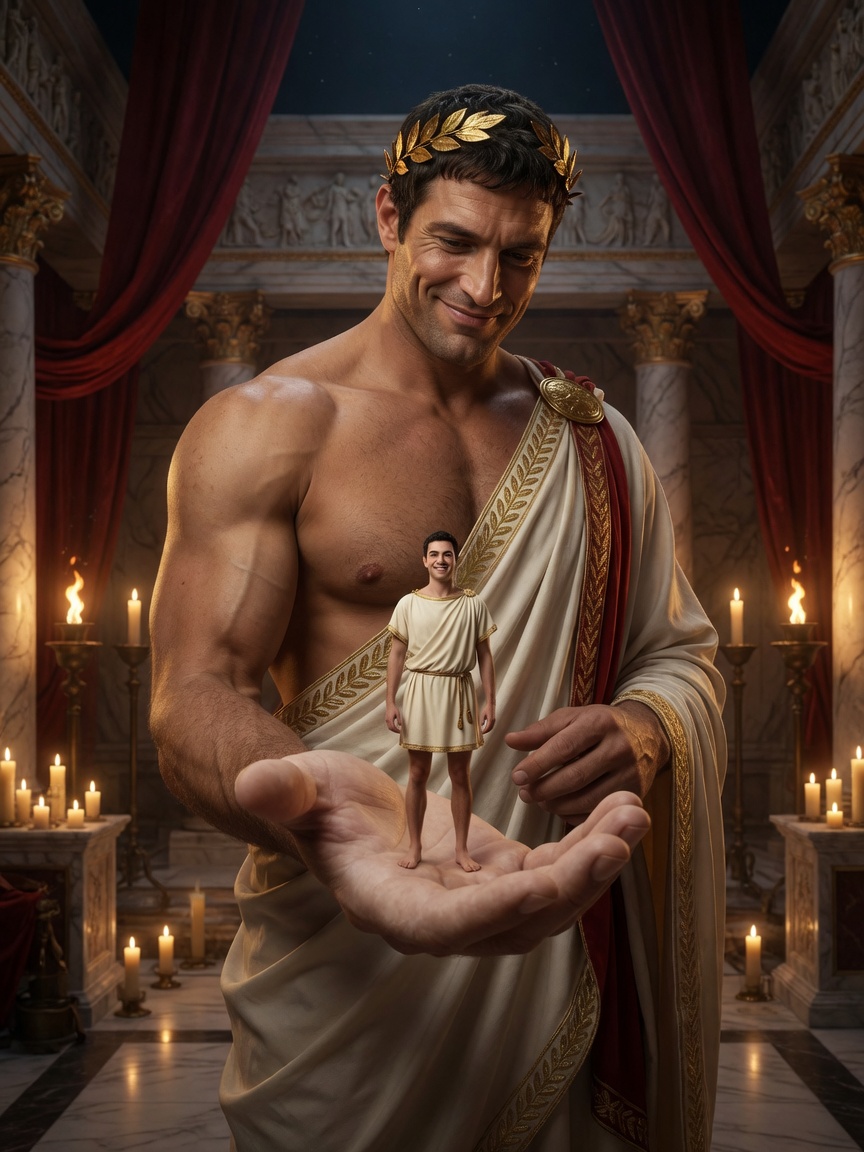 A towering Roman-clad giant holds a tiny man in a tunic in his open palm. They smile at each other in a candlelit marble hall.
